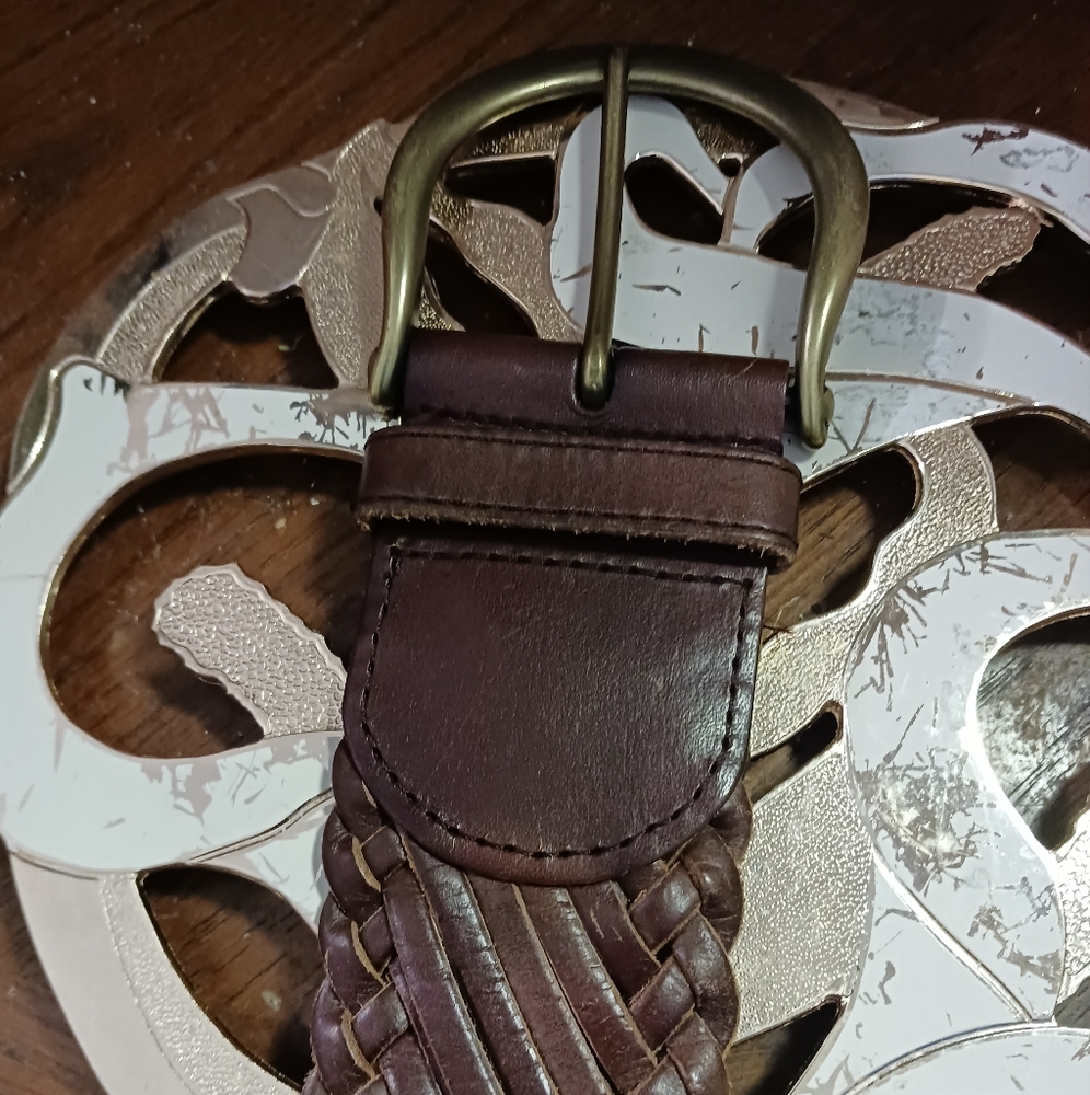 Linea Pelle brown woven wide belt leather Size Small,3" Brass Buckle,Nic… - Picture 9 of 12